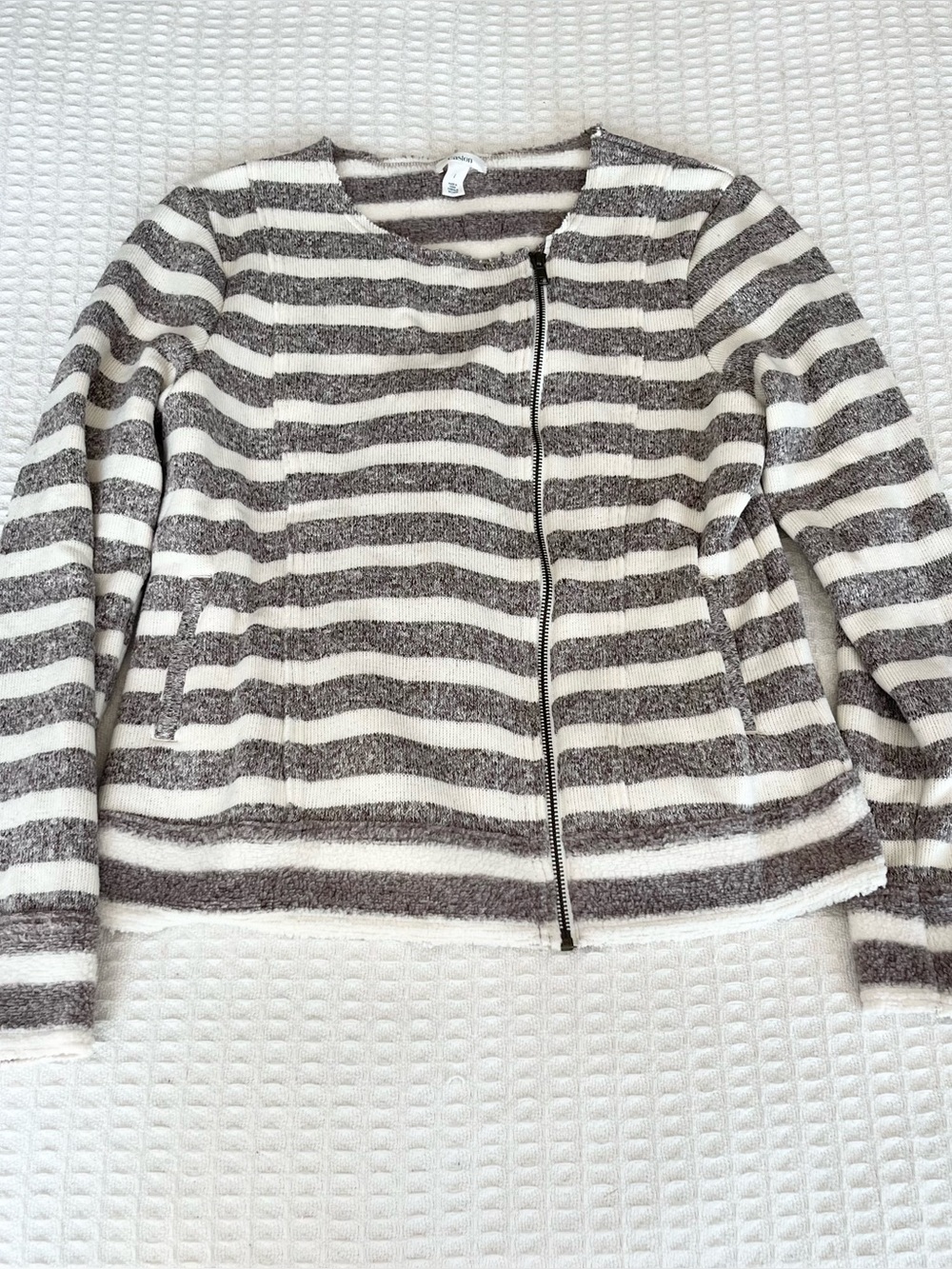 Caslon Striped Zip-Front Sweater Jacket - Cream & Gray large